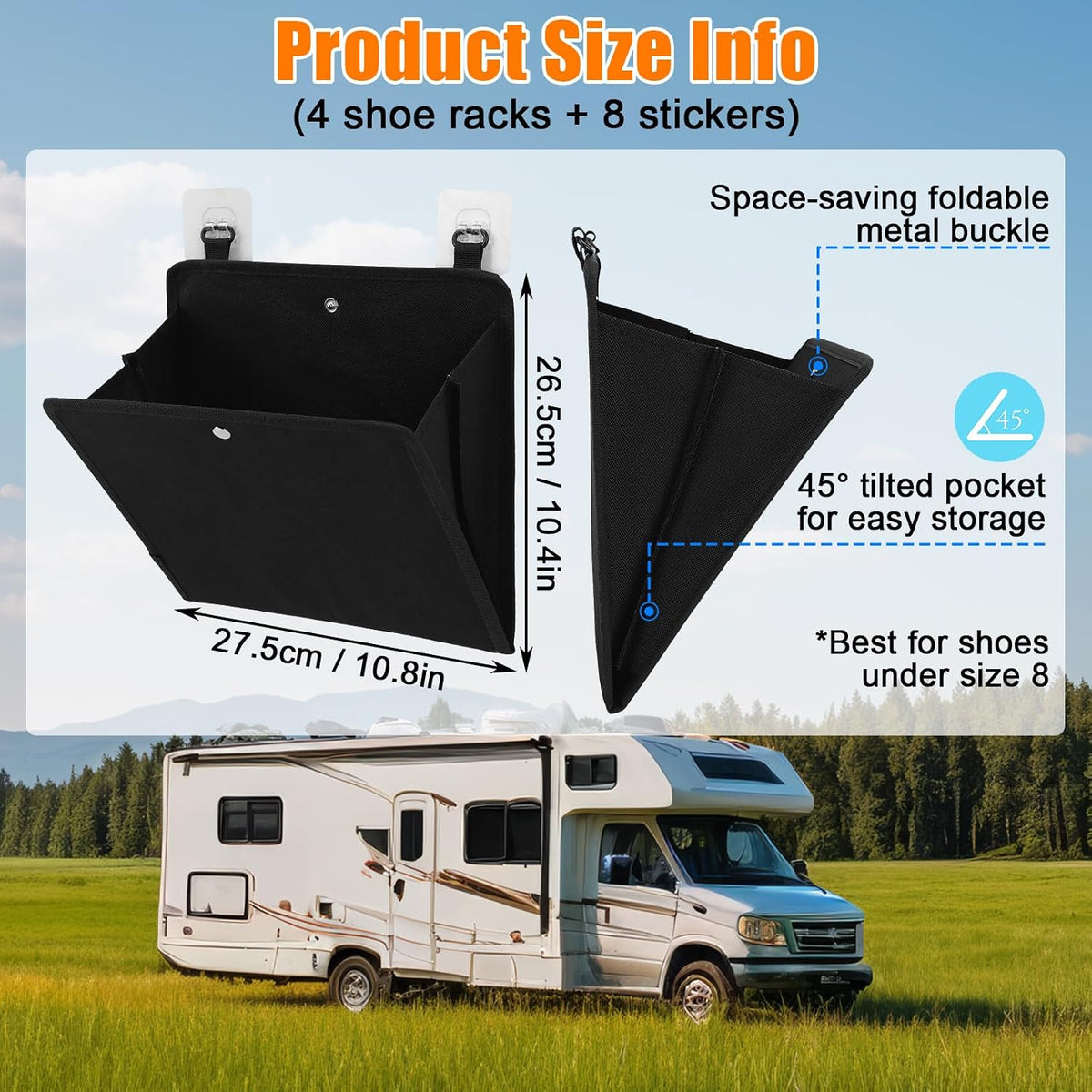 Wall Mounted Shoe Rack for RV Door, 2/4 Pack Hanging Organizer for Shoe Storage, Foldable Rack with Hooks, Wall Organizer for RV Storage and Organization (Black 4Pack)