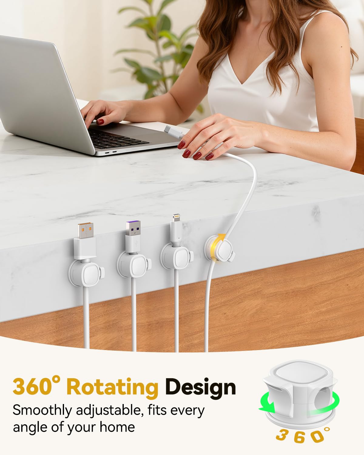 8Pack Rotatable Cord Organizer, Spring Cable Clips With Clasp Lock, INCHOR No-Residue Adhesive Cable Organizer, Cord Holder for Nightstand Car Home Office (White)
