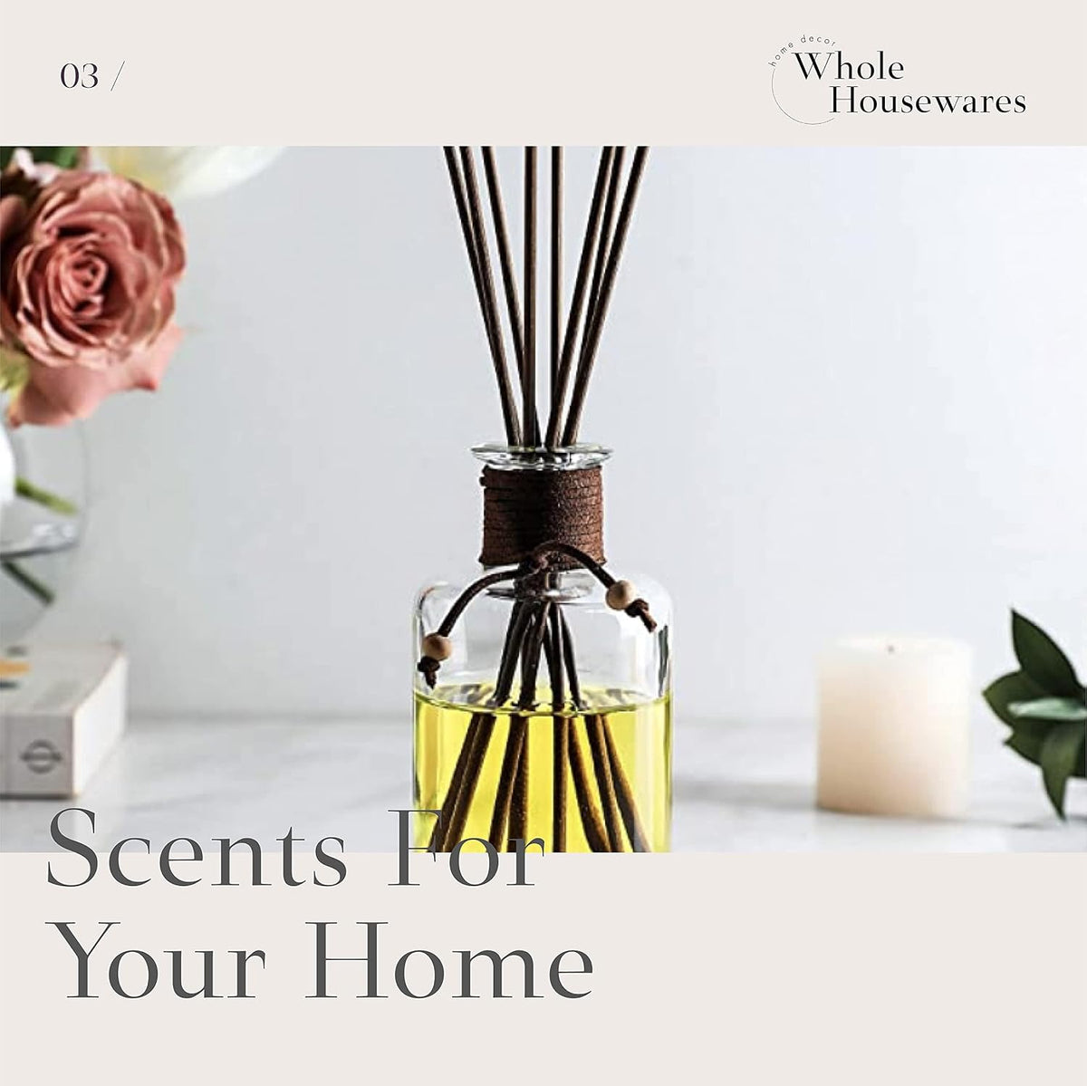 WHOLE HOUSEWARES Set of 4 Diffuser Bottles with Sticks - 7.5oz Empty Glass Diffuser Bottle for Essential Oils - Oil Diffusers Container with 32pcs Reed Sticks for Aromatherapy and Home Fragrance