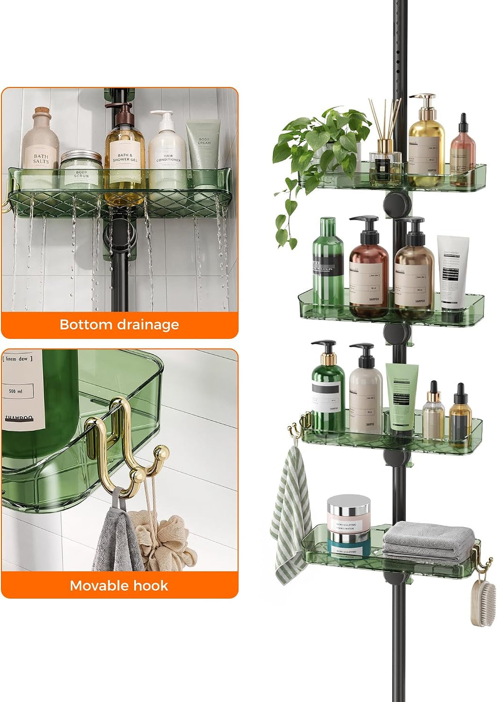 Shower Caddy Tension Pole, Bathroom Organizer Shelves, Green