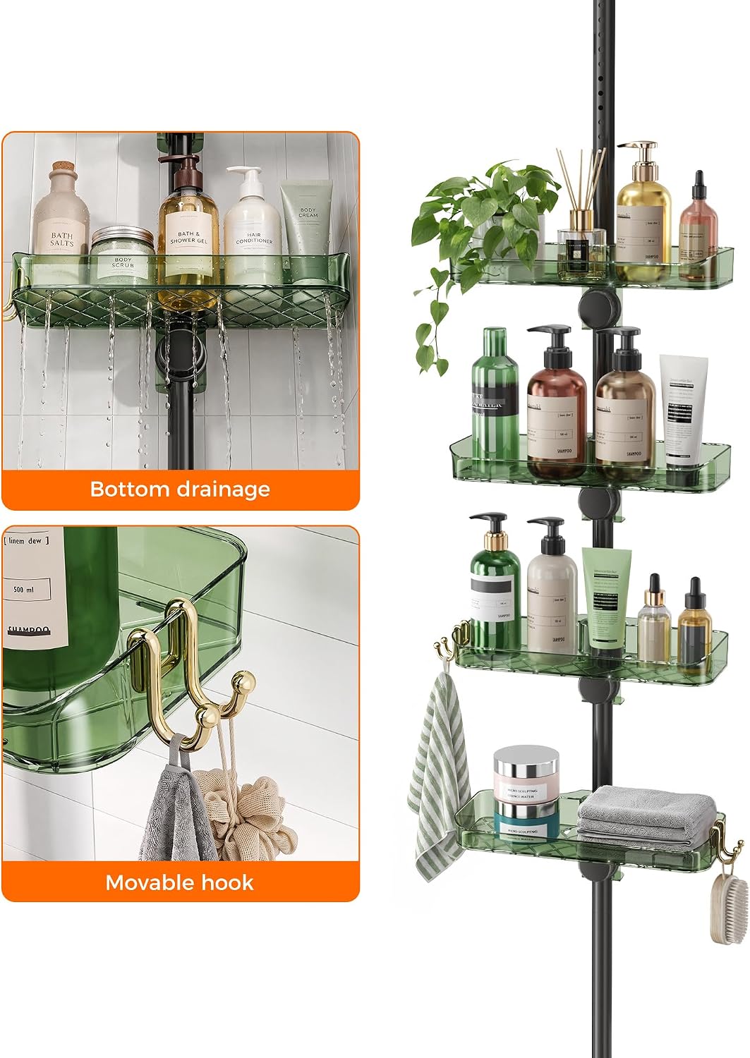 Shower Caddy Tension Pole, Bathroom Organizer Shelves, Green