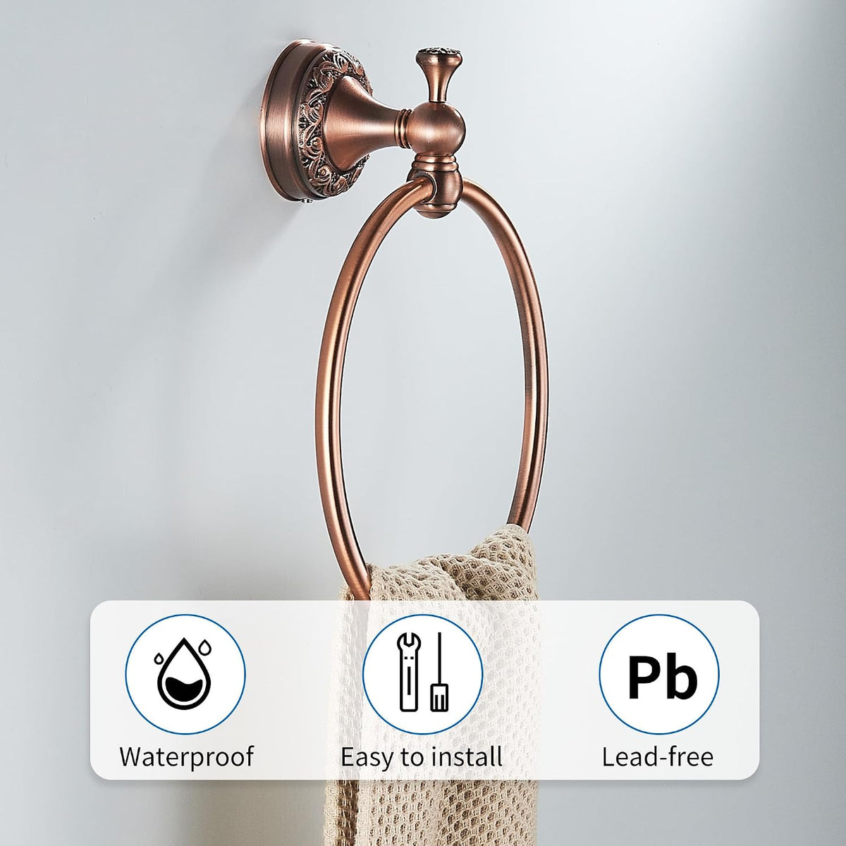 Red Copper Bath Towel Ring, Wall Mounted Black Bathroom Hardware Accessories, Pattern Carving Design