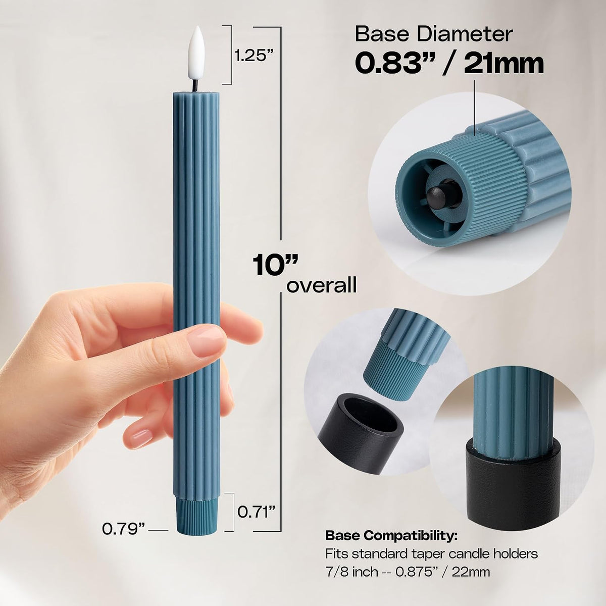 6 Pack, 10" LED Flameless Real Wax Blue Fluted Ribbed Grooved Taper Candles, Remote & 24h Timer Memory, On/Off Button, Dimmable, Flicker Mode, Battery Operated, Wedding