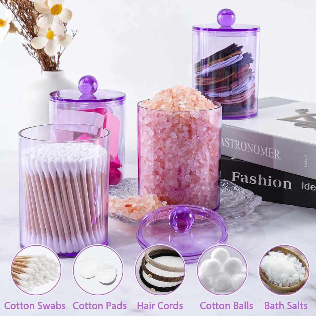 4 Pcs Acrylic Qtip Holder, Cotton Ball Holder Jars with Lids, Purple
