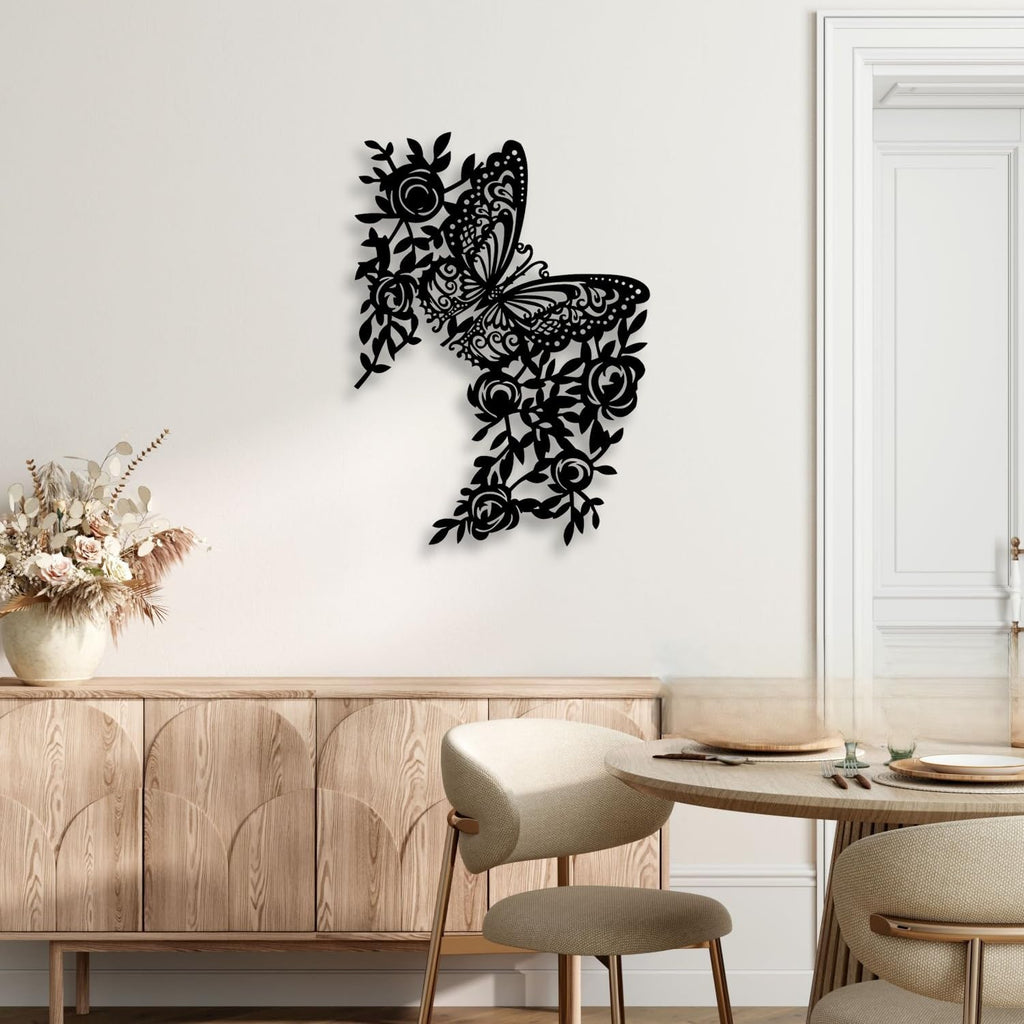 LIYOUYA Butterfly Flower Metal Wall Decor - Rustic Farmhouse Room Decor Black Wall Art Home Decor for Living Room, Bedroom, Dining Room, Courtyard, Farmhouse (Black)