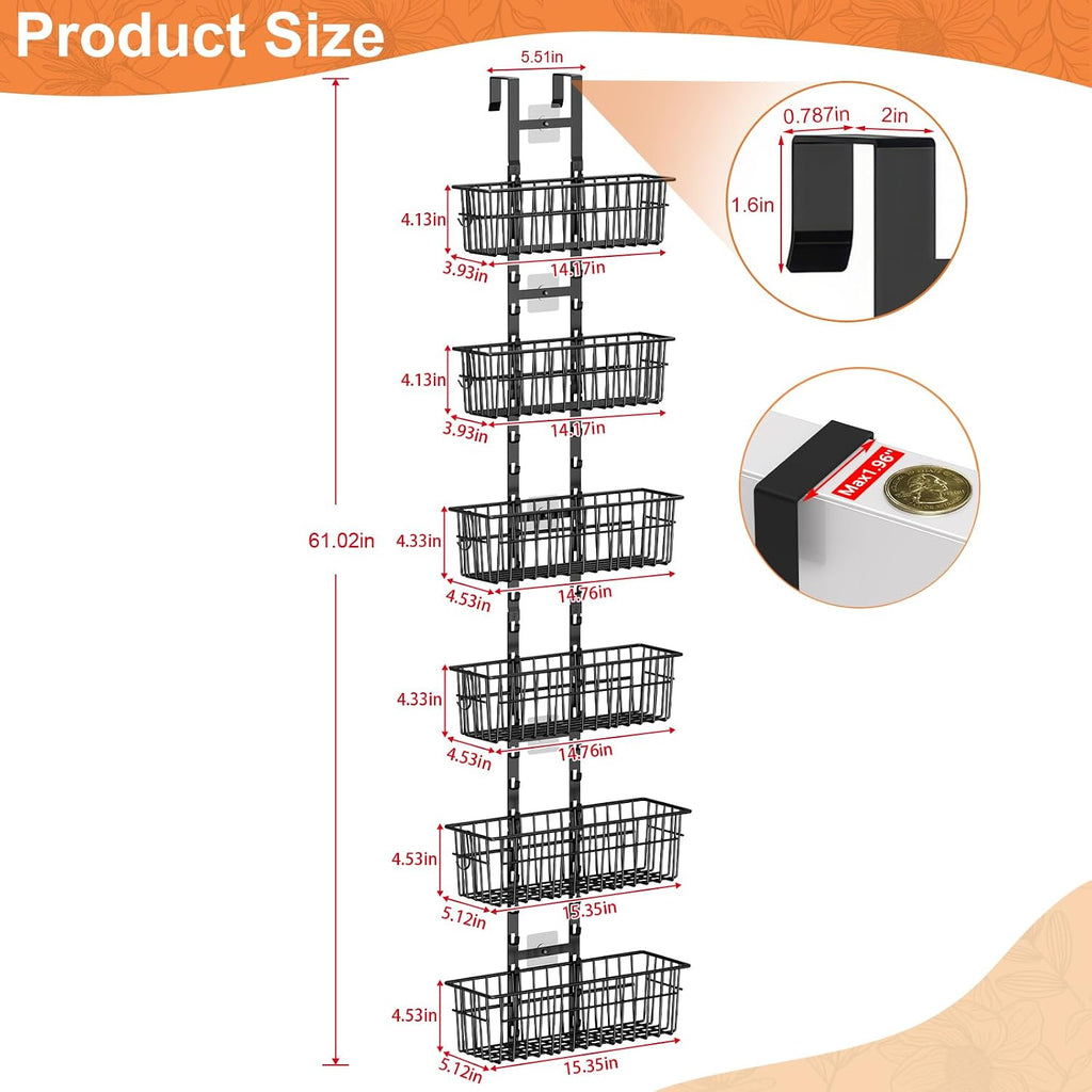 Hongtamoya Over The Door Organizer, Adjustable Hanging Door Organizer with 6 Wire Baskets 5 Hooks, Metal Behind The Door Storage for Pantry Closet Bedroom Bathroom Cabinet Kitchen Laundry Room, Black