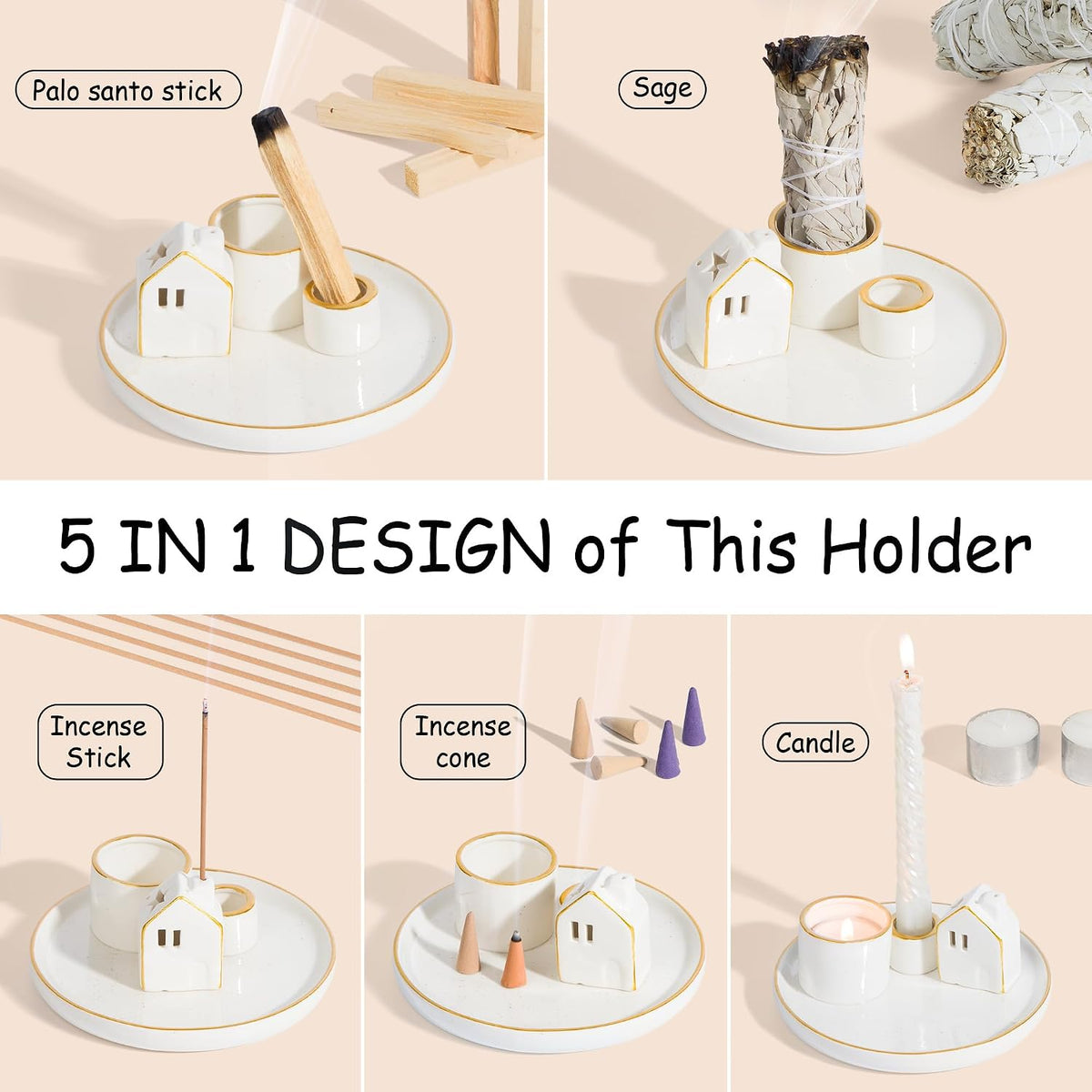 ZenBless 5 in 1 Incense Holder Burner for Palo Santo, Sage, Incense Sticks/Cones and Candle - Ceramic Incense Cone Smudge Tray,Aromatherapy Home Decoration
