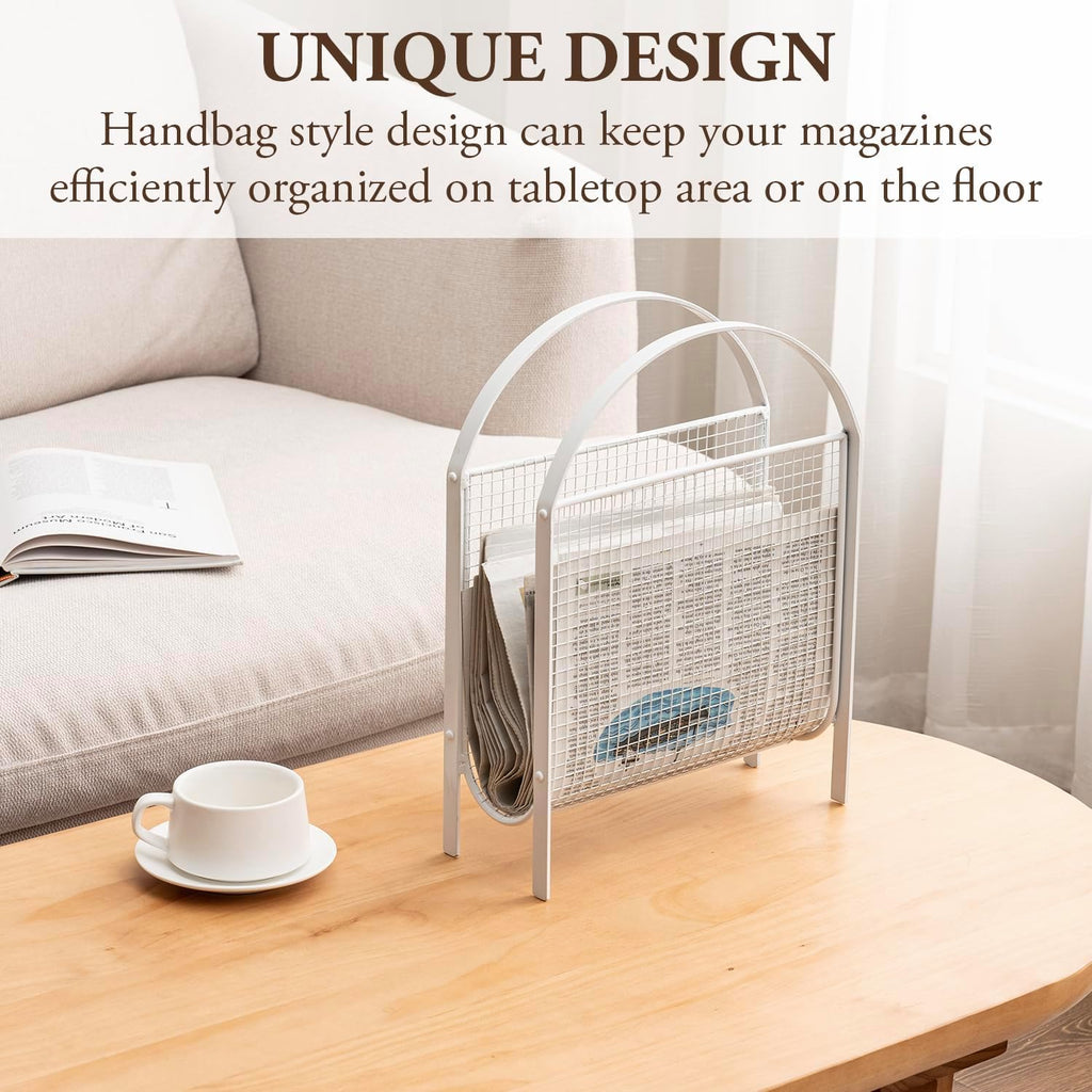MyGift White Metal Mesh Magazine Rack, Mid Century Freestanding Holder