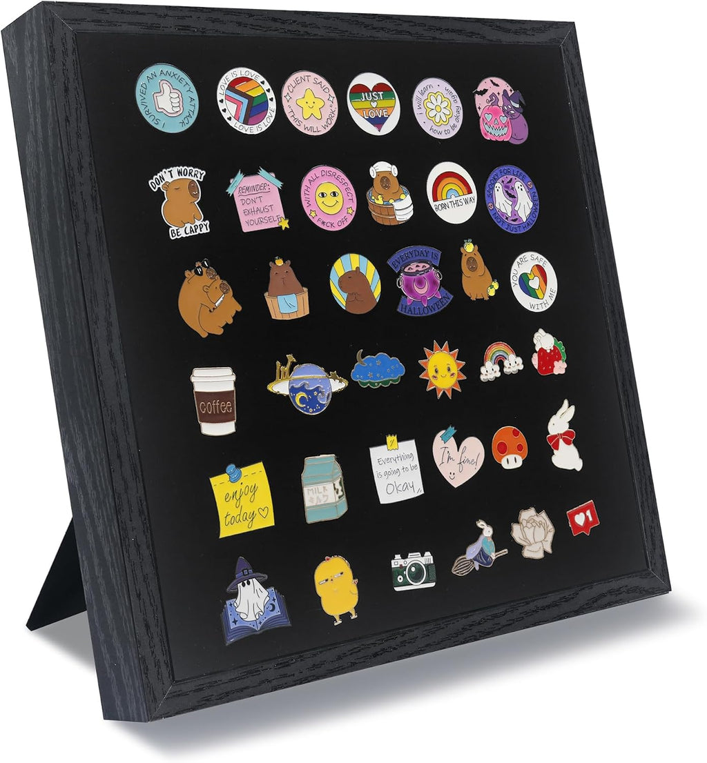 GMFrames 11x11 Enamel Pin Display Case, Pin Collection Display Frame with Real Glass, Shadow Box for Wall and Tabletop, Pin Holder Black