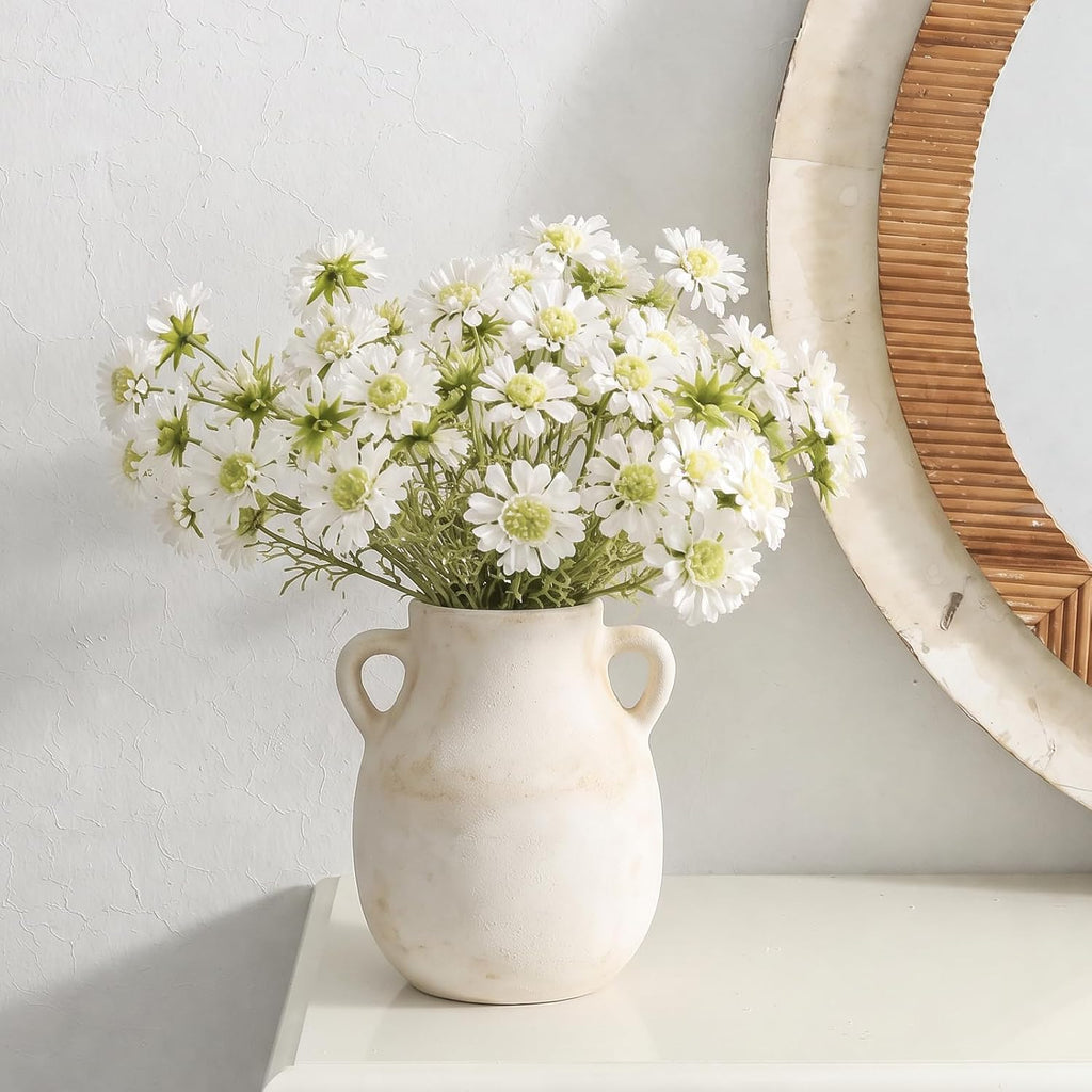 Deep Dream Ceramic Flower Vase with Handles, 8 Inch Small White Ceramic Vase, Decorative Terracotta Vases, Farmhouse Rustic Pottery Vases for Home Decor,Shelf, Entryway, Living Room, Bedroom (White)
