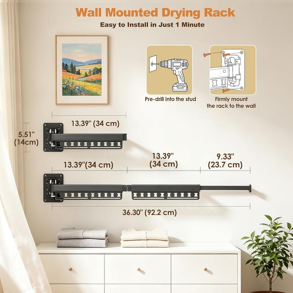 Wall Mounted Clothes Drying Rack Foldable & Space-Saving with 4 Hangers