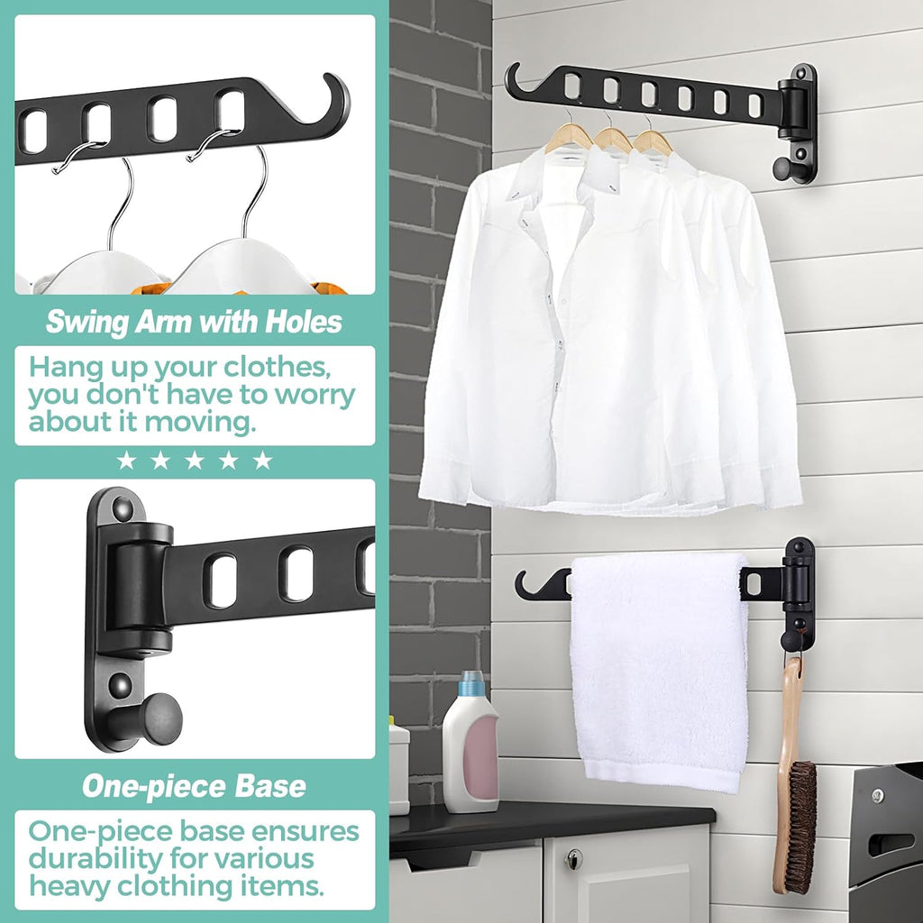 Laundry Drying Rack - Wall Mounted Clothes Hanger with Swing Arm, 6-Hole Laundry Hanger & Swivel Hanging Bar, Foldable Valet Hook, Laundry Room Closet, Sturdy Aluminum (2-Pack, Black)