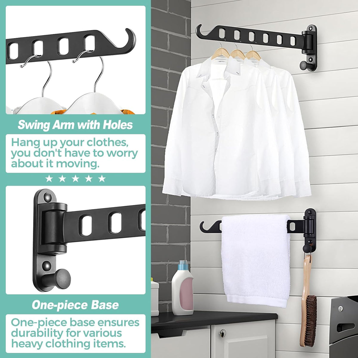 Laundry Drying Rack - Wall Mounted Clothes Hanger with Swing Arm, 6-Hole Laundry Hanger & Swivel Hanging Bar, Foldable Valet Hook, Laundry Room Closet, Sturdy Aluminum (2-Pack, Black)