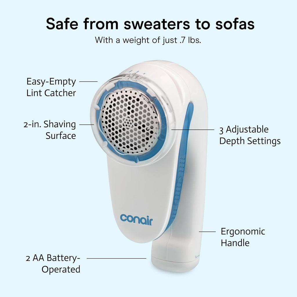 Conair Fabric Shaver and Lint Remover, Battery-Operated Portable Clothes Shaver with 3 Settings, Fuzz Remover for Sweaters, Clothing and Furniture, Large 2-Inch Shaving Head, White