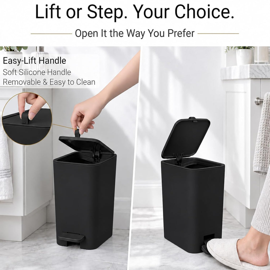 Small Bathroom Trash Can with Lid, Slim Garbage Can, 2.1 Gallon, Black