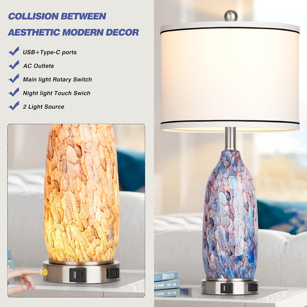 Rinweey 26" Coastal Glass Table Lamps Set of 2,Nautical lamp with USB A+C Ports & AC Outlet,Bule Bedside Lamps with 3-Way Dimmable Touch Control Night Light for Bedroom Living Room(Bulbs Included)
