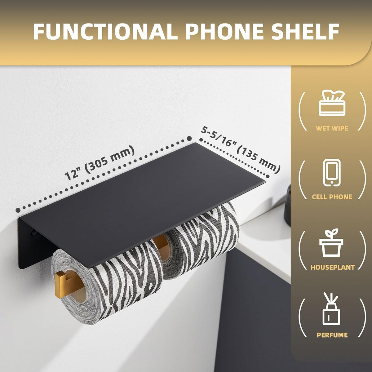 Angle Simple Bathroom Toilet Paper Holder with Phone Shelf, Black and Gold