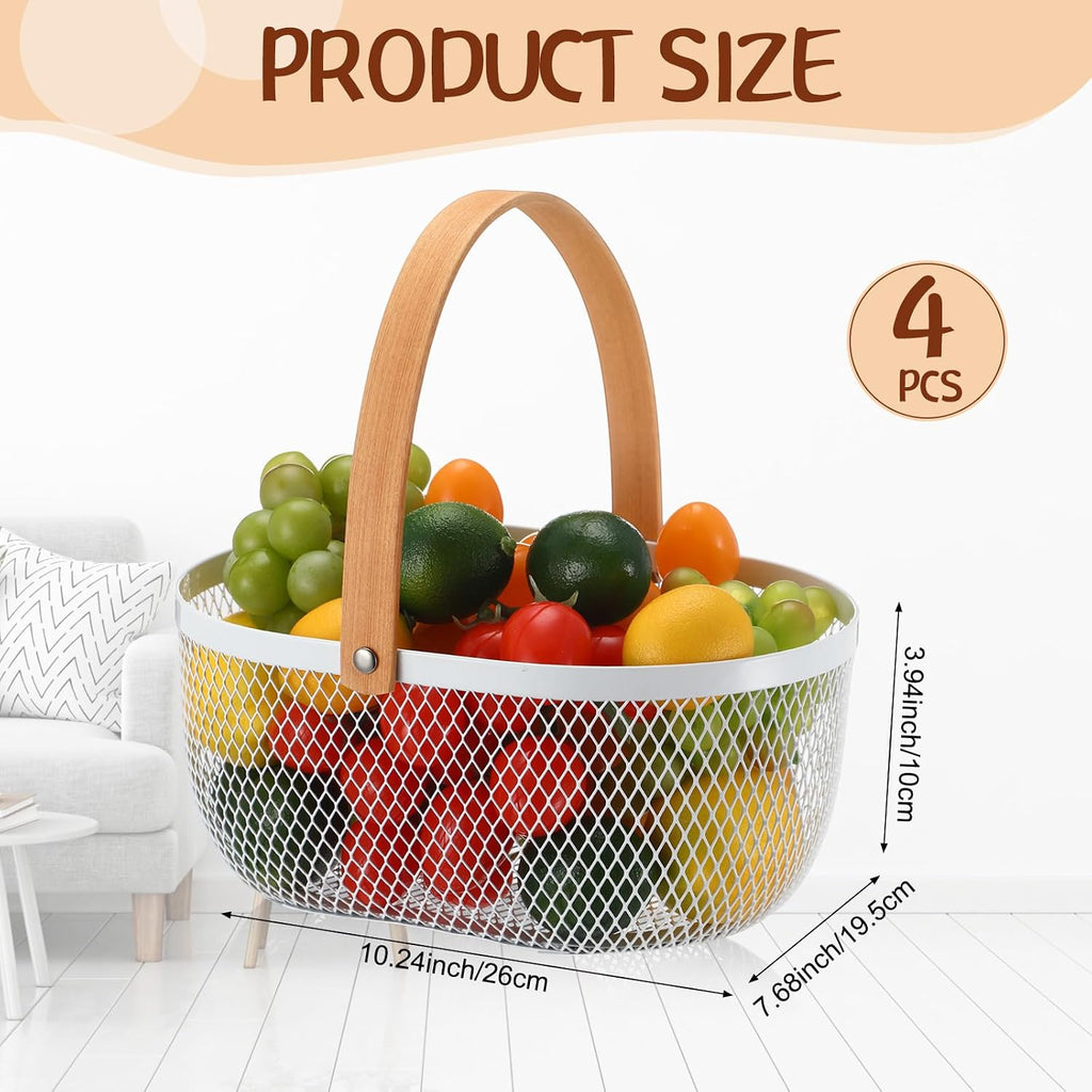 Maxcheck 4 Pcs Oval Metal Wire Baskets with Handles for Kitchen, White