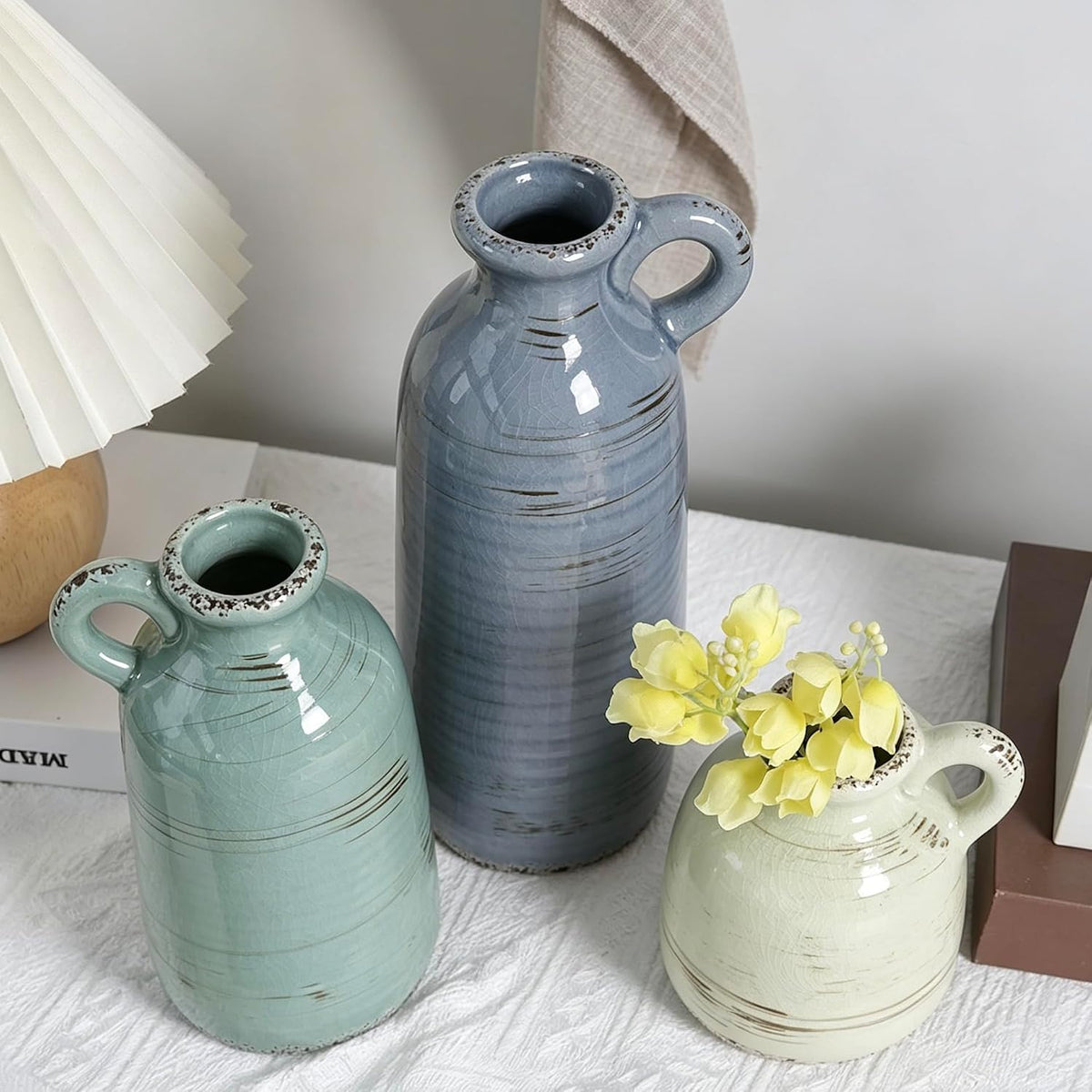 Ceramic Vase Set of 3, Vase Home Decor with Handle, Waterproof Vases
