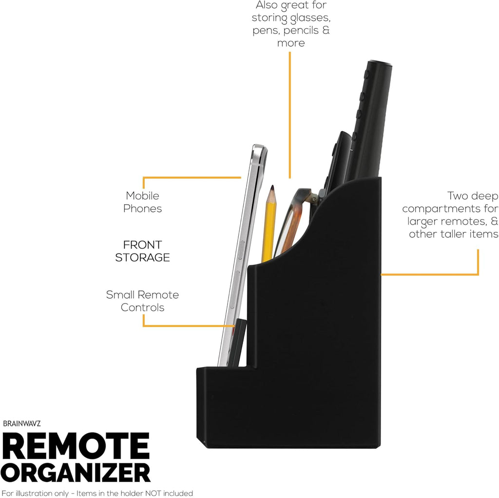 BRAINWAVZ Adhesive Remote Control Wall Mount Holder, Easy To Install, Holds upto 4 Remotes & Storage for Phones, Pens & More, Screw-In or Stick-On