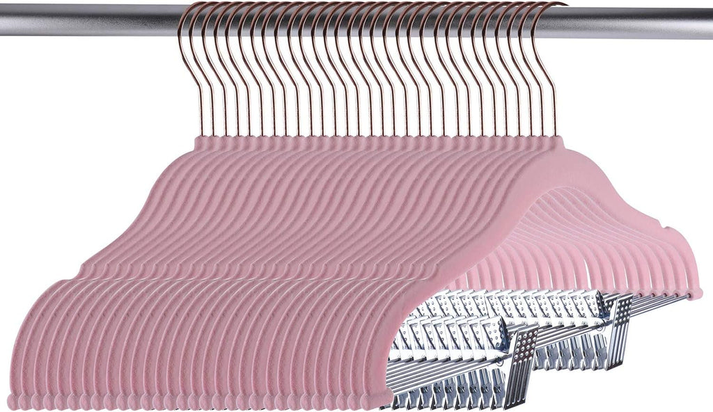 Tosnail 30 Pack Kids Velvet Hangers Children's Clothes Hangers Baby Hangers with Clips - Pink