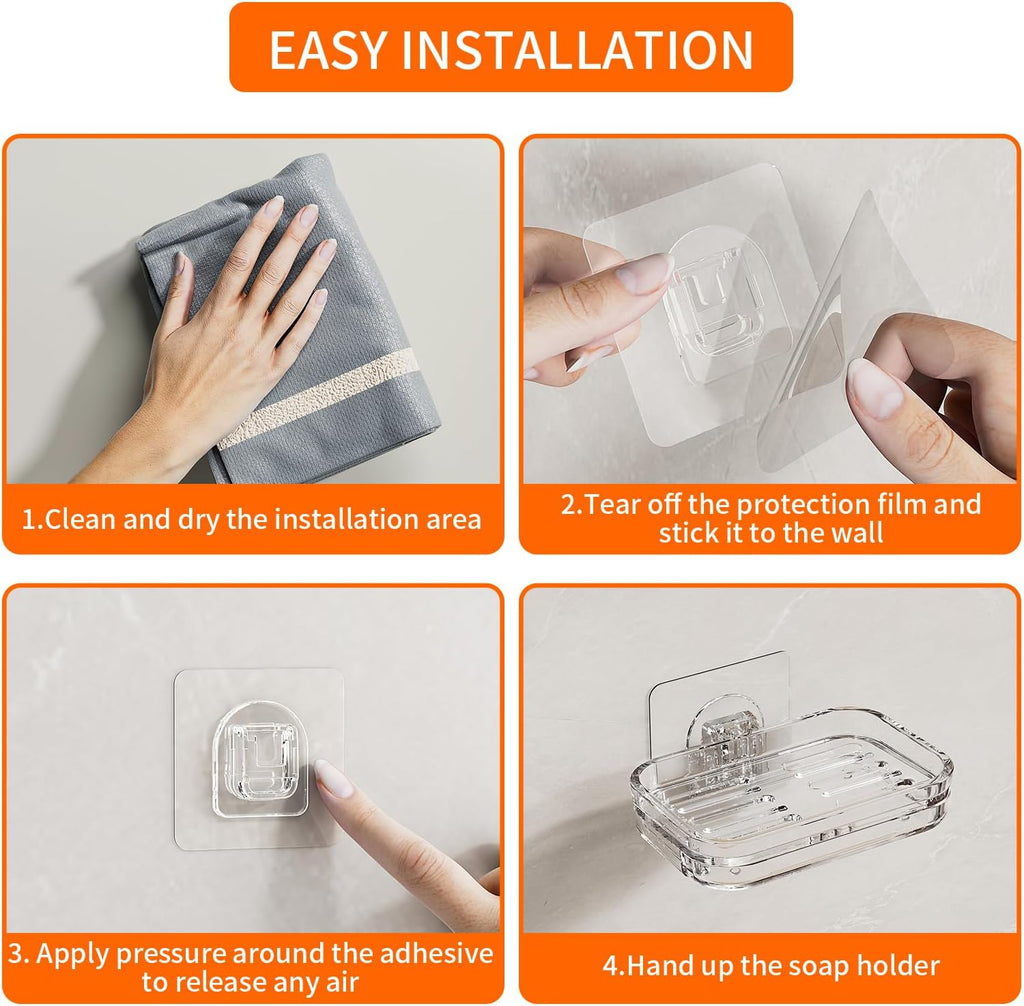 Bar Soap Dish 2 Pack,Self Draining Soap Holder for Shower,Wall Mounted Soap Saver with Strong Adhesive, No Drilling Clear Plastic Holder for Bathroom Storage & Kitchen Sink Organizer,Keeps Soap Dry