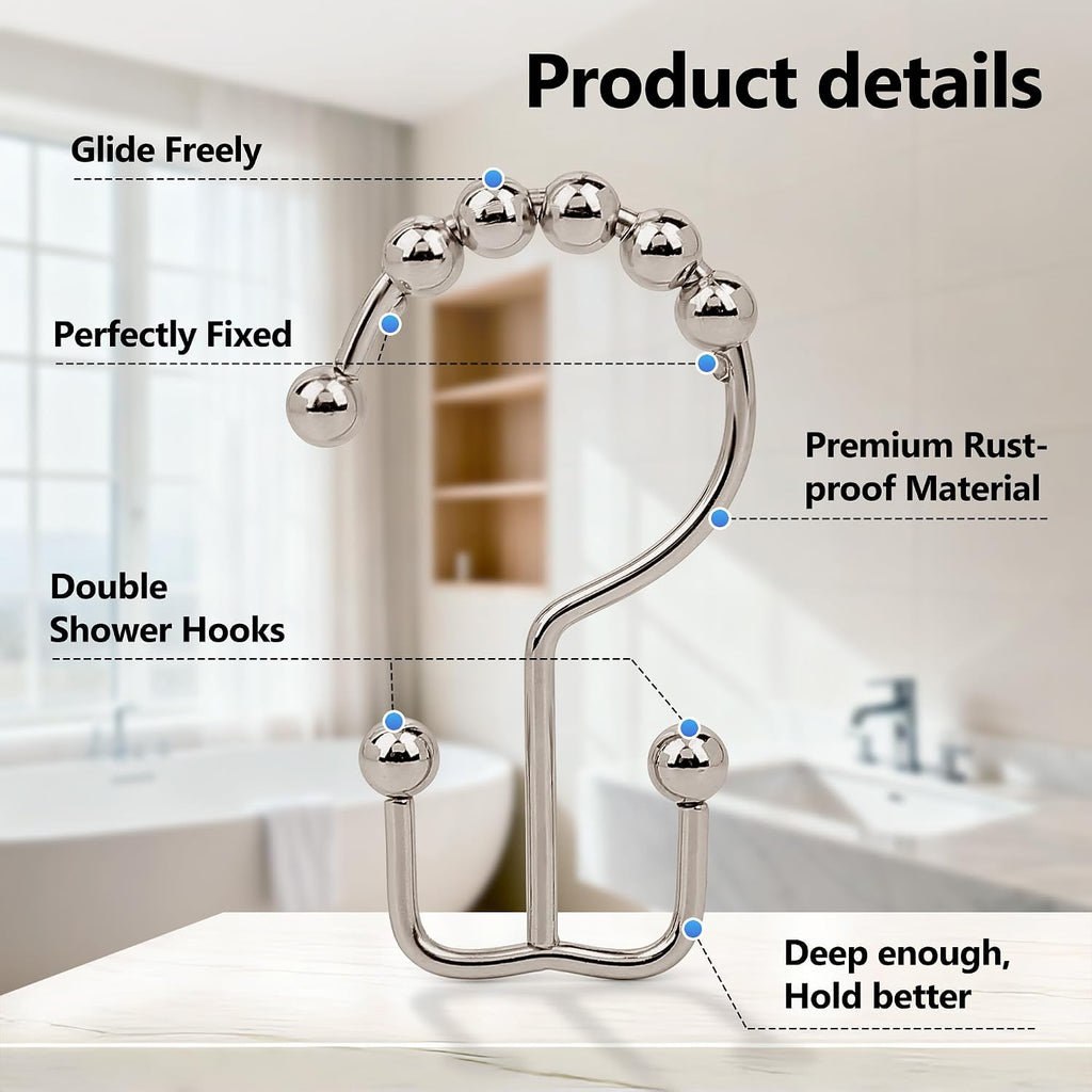 Resze 12 Pcs Shower Curtain Hooks,Metal Double Shower Curtain Rings, Nickel