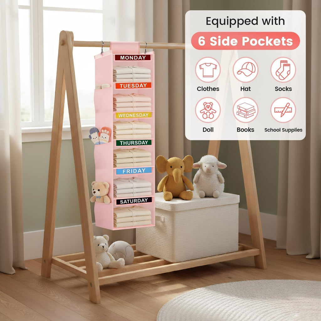 Weekly Clothes Organizer for Kids, 6-Shelf Kid Hanging Closet Organizer w/ 6 Side Pockets, Labeled Weekly Outfit Organizer for Kids, Days of The Week Clothes Organizer Monday Through Friday Pink