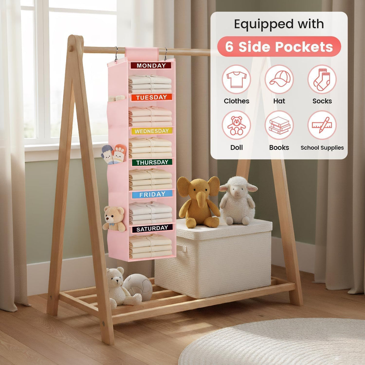 Weekly Clothes Organizer for Kids, 6-Shelf Kid Hanging Closet Organizer w/ 6 Side Pockets, Labeled Weekly Outfit Organizer for Kids, Days of The Week Clothes Organizer Monday Through Friday Pink