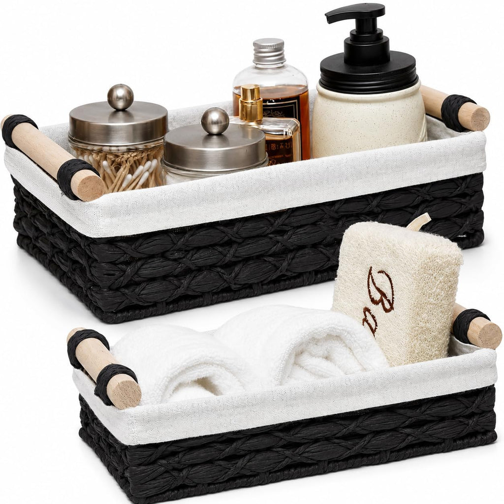 Black Bathroom Baskets Set of 2, Paper Rope, Wood Handles