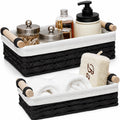Black Bathroom Baskets Set of 2, Paper Rope, Wood Handles