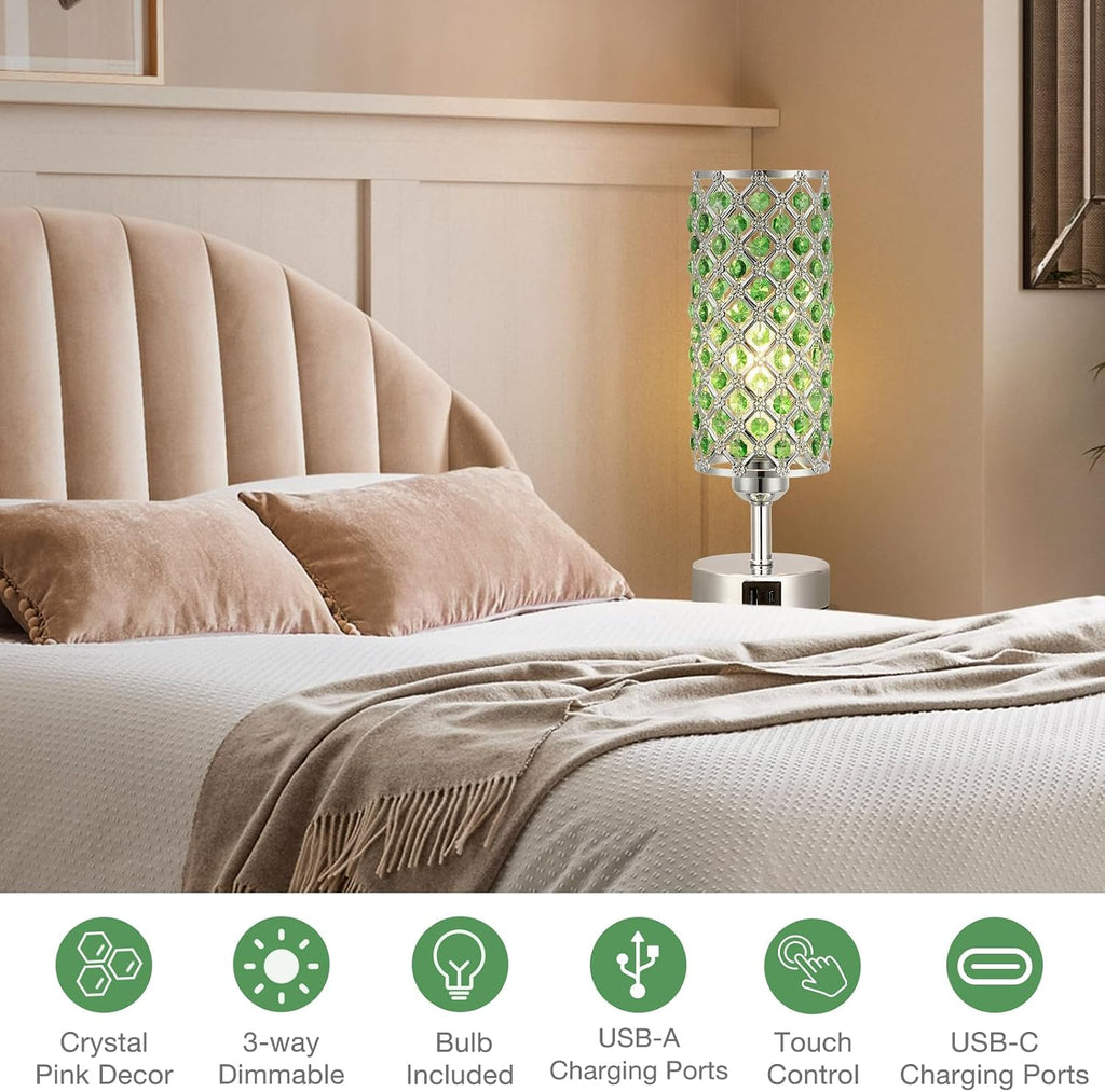Green Crystal Bedside Lamp, Nightstand Lamp for Bedroom (Bulb included)