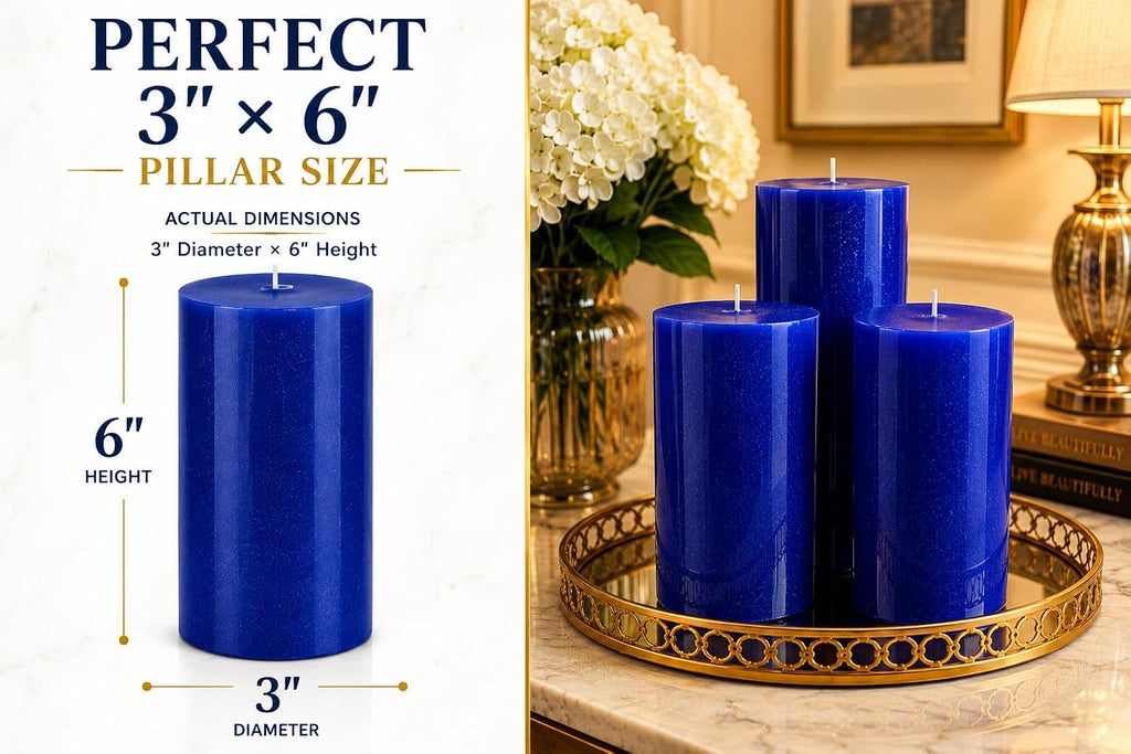 Dinil Blue Pillar Candles 3x6 Inch, Set of 3 Unscented Dripless Smokeless Candles, 65+ Hour Burn Time for Wedding Centerpiece, Dinner Table & Home Decor