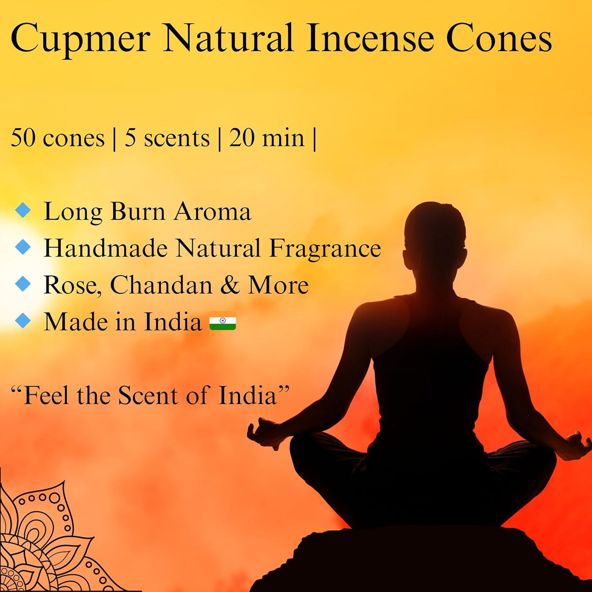 Natural Incense Cones – 50 Handmade Dhoop Cones | 5 Fragrances: Rose, Sandalwood, Jasmine, Guggal, Frankincense | Long-Lasting 20 Min Burn | Meditation, Yoga, Gifting