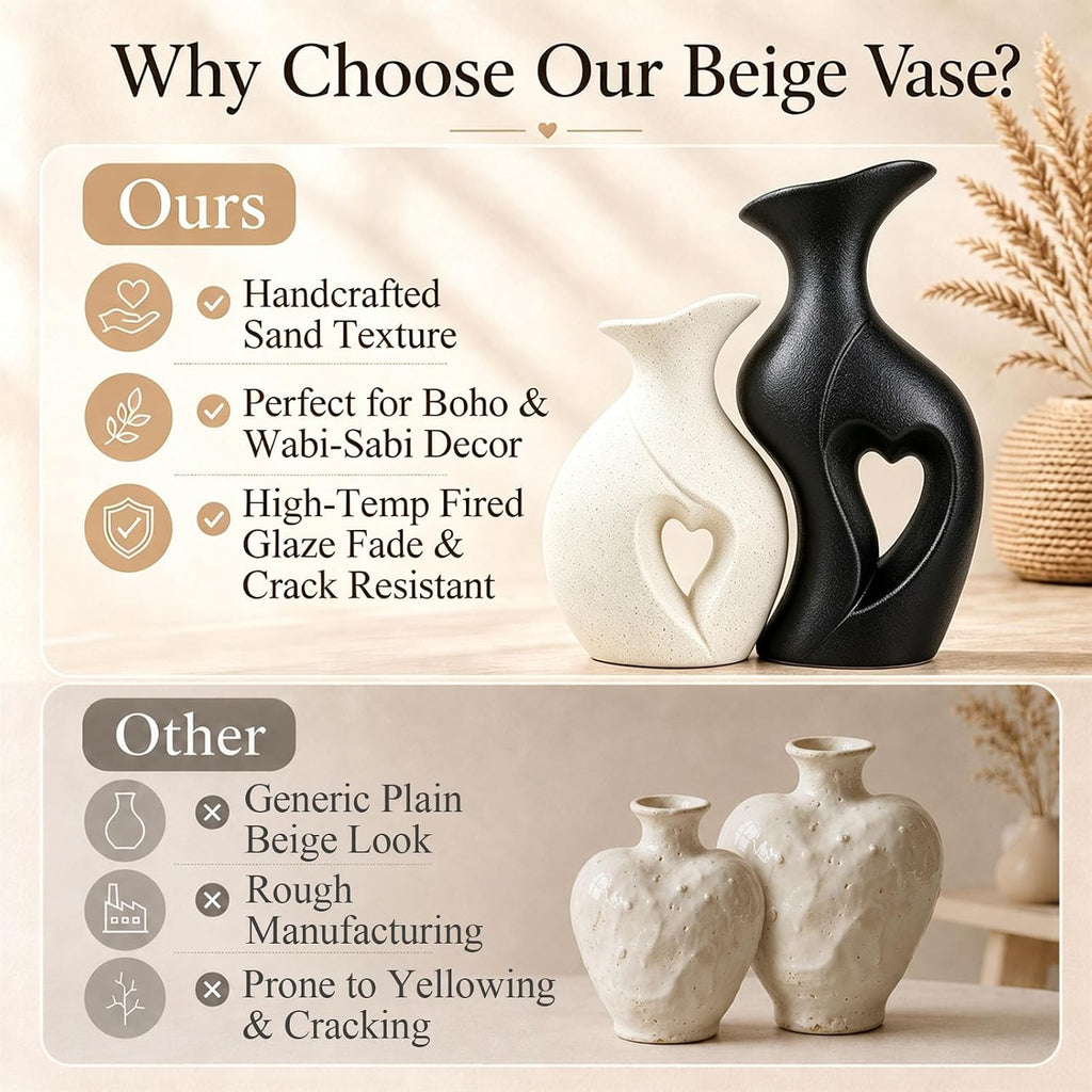 Modern Heart Ceramic Vases Flower Vase Set of 2 (Cream & Black)