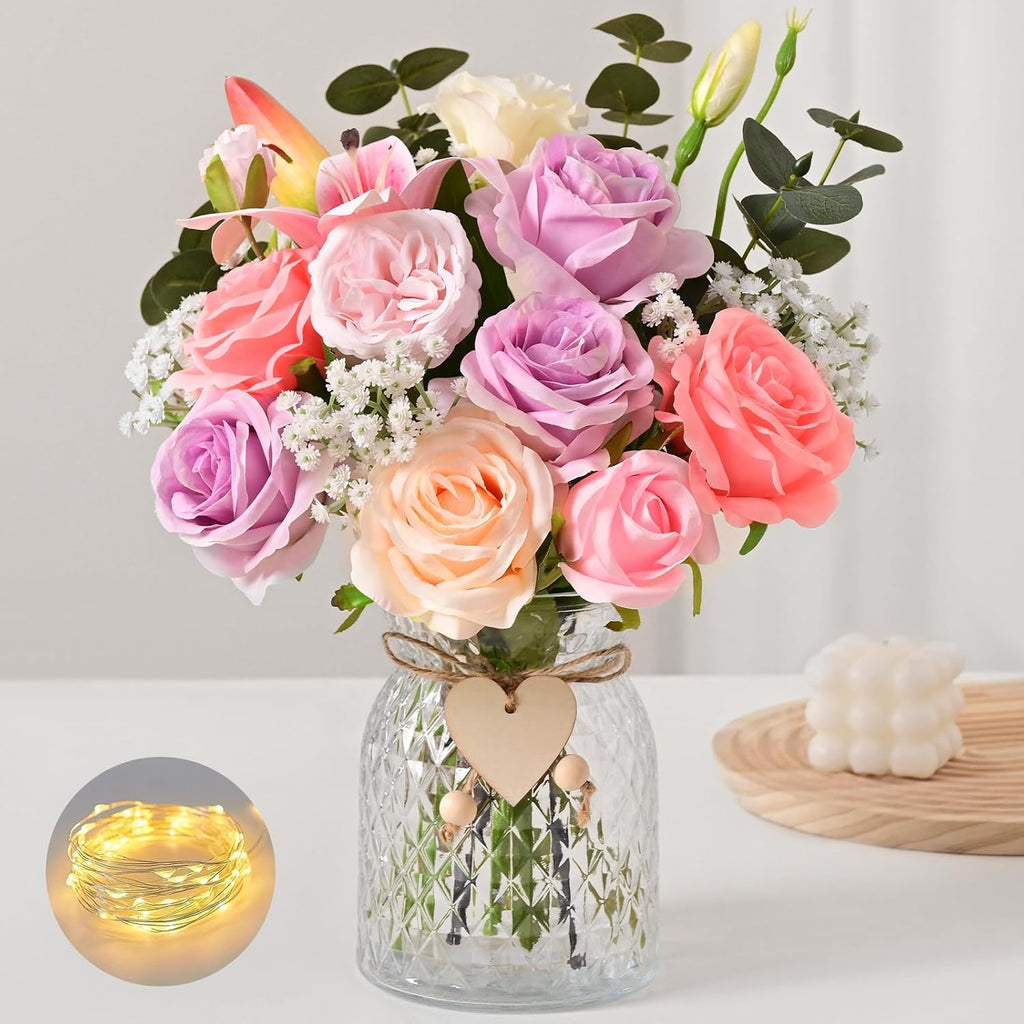Livole 22Pcs Artificial Faux Flowers with Vase & Light Real Touch Flower