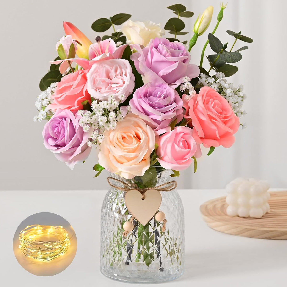 Livole 22Pcs Artificial Faux Flowers with Vase & Light Real Touch Flower
