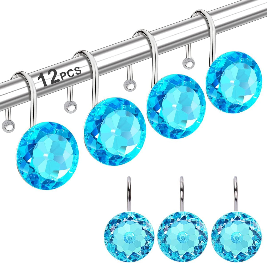 12PCS Stainless Steel Shower Curtain Hooks Rings for Bathroom, RustProof Metal Crystal Rhinestones Bling Shower Curtain Rings Hangers for Shower Curtains Decorative, Round Heavy Duty Hooks (Aqua Blue)