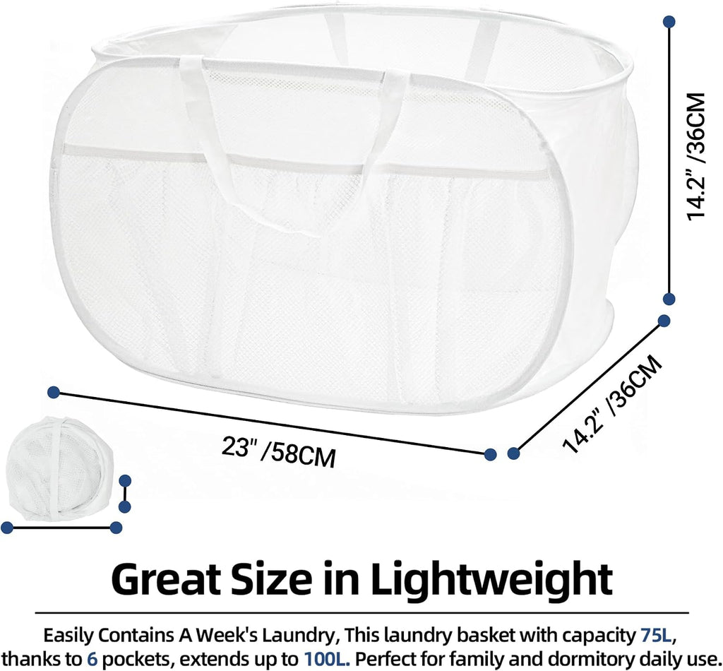 Collapsible Laundry Baskets, Upgrade Pop Up Laundry Hamper with Convenient Bags, Foldable Laundry Basket Mesh Light Weight, Easy to Carry Clothes Hampers for Laundry, Dorm, Toys, Travel White