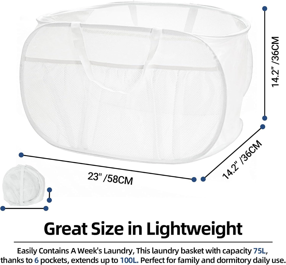 Collapsible Laundry Baskets, Upgrade Pop Up Laundry Hamper with Convenient Bags, Foldable Laundry Basket Mesh Light Weight, Easy to Carry Clothes Hampers for Laundry, Dorm, Toys, Travel White
