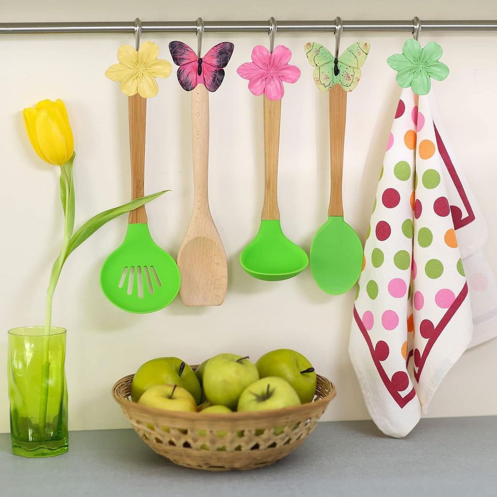 Whaline 12Pcs Spring Floral Butterfly Shower Curtain Hooks Colorful Resin Pendants Accessories Flower Butterfly Decorative Curtain Hanger Anti Rust Hooks for Home Bathroom Bedroom, 6 Designs