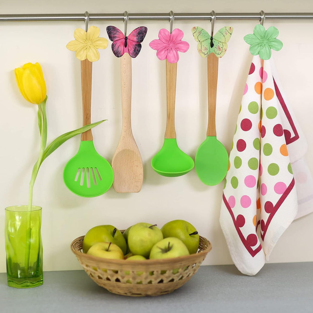 Whaline 12Pcs Spring Floral Butterfly Shower Curtain Hooks Colorful Resin Pendants Accessories Flower Butterfly Decorative Curtain Hanger Anti Rust Hooks for Home Bathroom Bedroom, 6 Designs