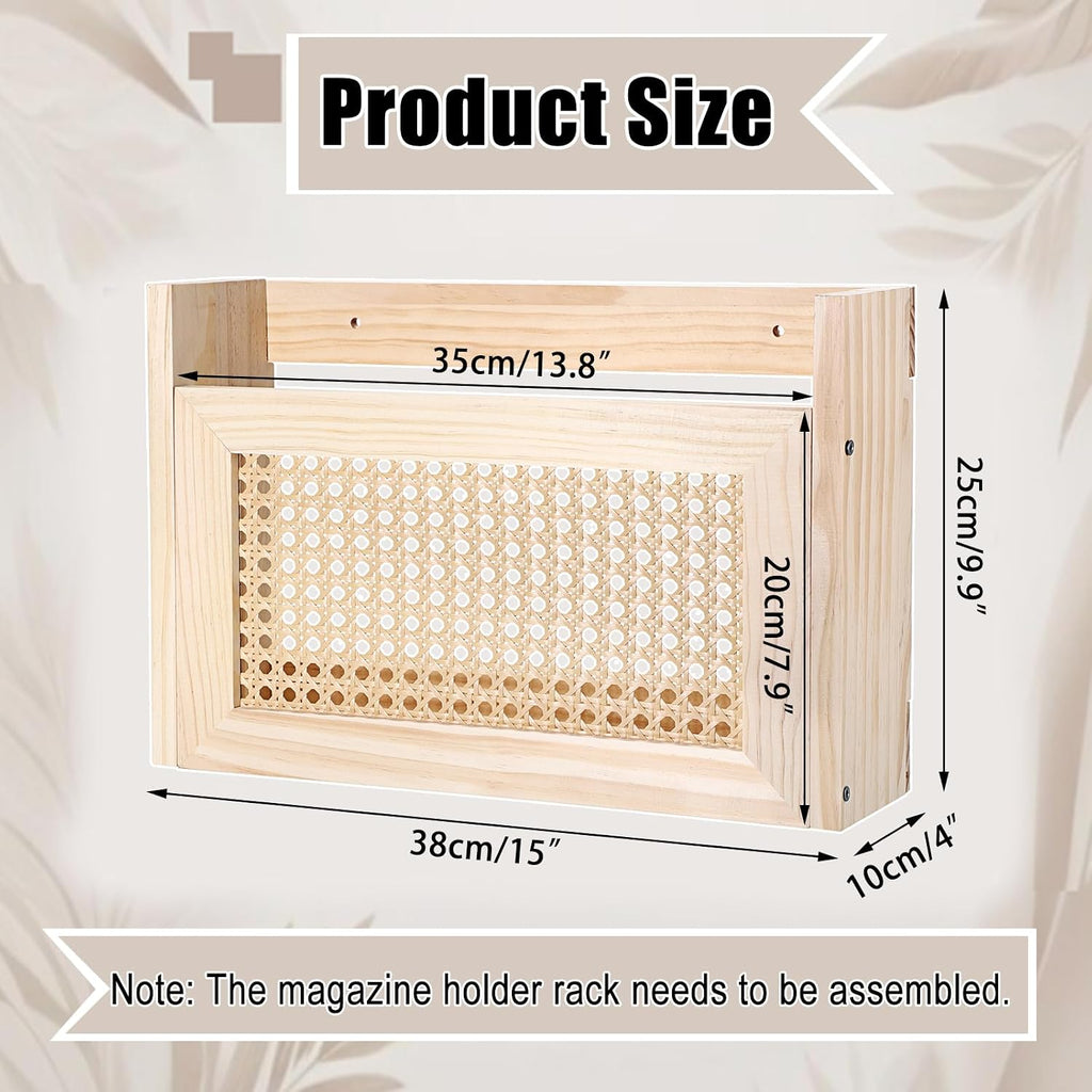 BTSKY Wooden Hanging Magazine Rack, Wall Mounted Magazine Holder Modern Rattan Hollow-out Design Mail Organizer, Assembly File Holder Letter Holder Wall Rack for Home & Office - 15x4x9.9 Inch