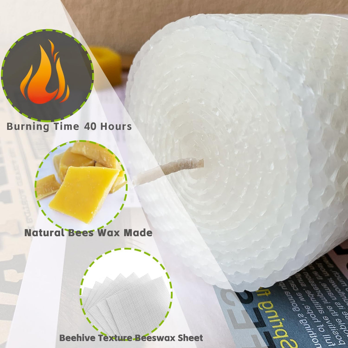 Large Beeswax Pillar Candles, Size 3"x6", Natural Bees Wax Candle Sheet Handrolled for Home, Unscented & Smokeless, 40 Hour Burn Time, White