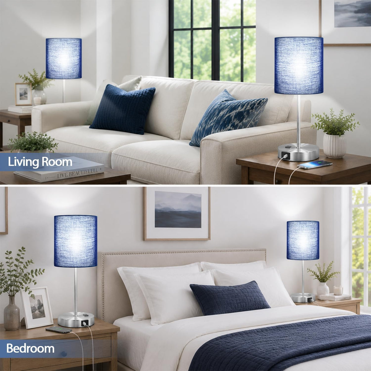 Set of 2 Touch Control Table Lamps with 2 USB & AC Outlet, 3-Way Dimmable Bedside Nightstand Lamps for Bedroom Living Room Nursery, 800 Lumens 5000K Daylight Bulbs Included