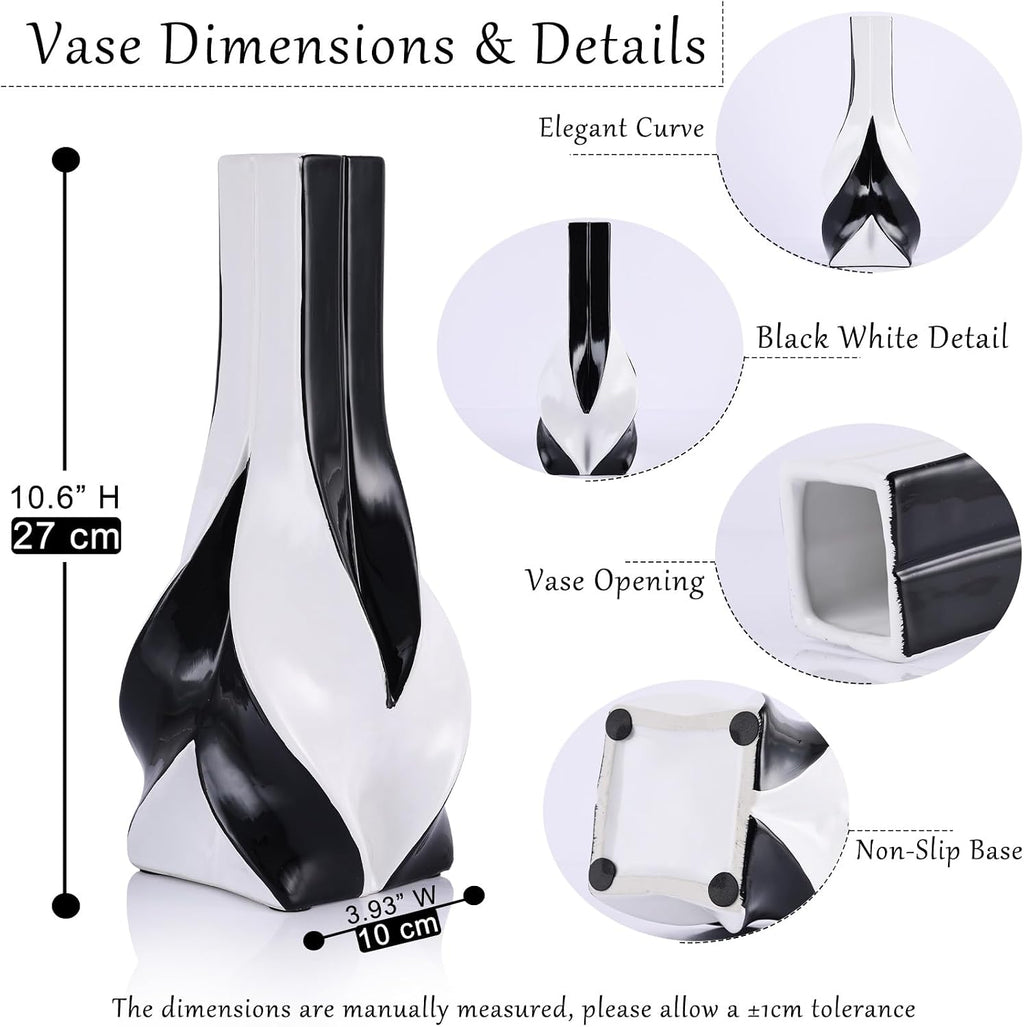 10.6" Tall Black and White Ceramic Vase – Modern Elegant Home Decor for Living Room, Table Centerpiece, Desk, Office, Perfect for Pampas Grass (Black White)