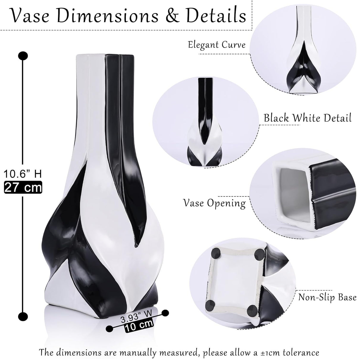 10.6" Tall Black and White Ceramic Vase – Modern Elegant Home Decor for Living Room, Table Centerpiece, Desk, Office, Perfect for Pampas Grass (Black White)