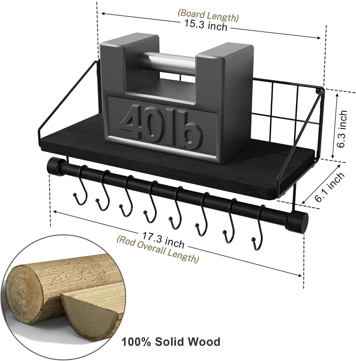 Alsonerbay Floating Shelf for Wall with Wooden Towel Bar, Black