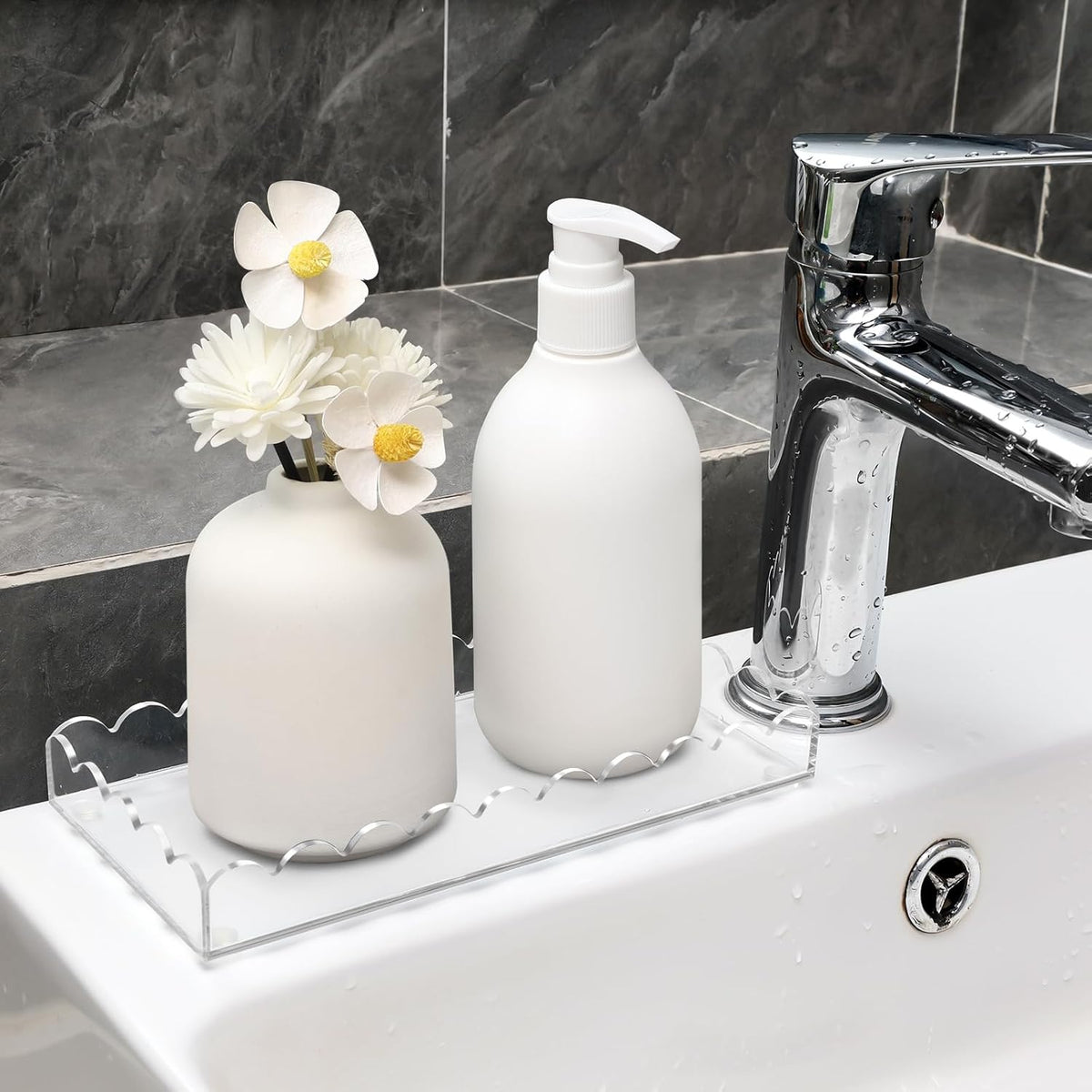 Acrylic Bathroom Vanity Tray 7.9", Soap Dispenser Decorative Scalloped Tray