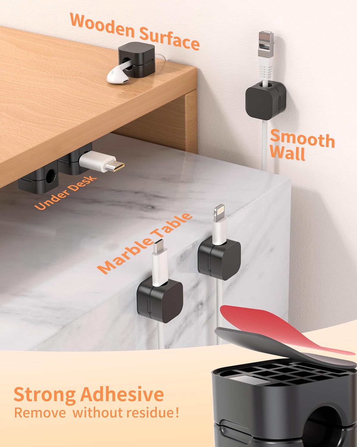 6-Pack Cable Organizer Clips, Magnetic Cable Holder (1s Lock), XOVRAETH Strong Adhesive Wire Management for Desk, Nightstand, Living Room, Kitchen, Office, Car(BlackB)